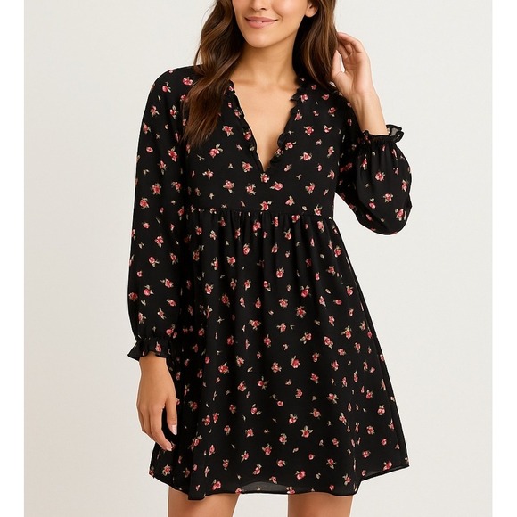 Forever 21 Babydoll Mini Dress MEDIUM Black Floral Feminine Romantic Alexis - Picture 1 of 9
